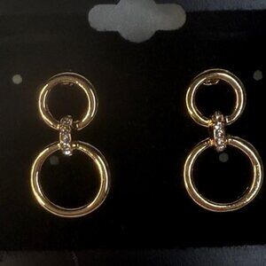 Gold Double Hoop Drop Earrings with Rhinestone Accent Minimalist Chic NWT